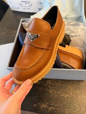 Prada Tan Leather Lug Sole Penny Loafers
